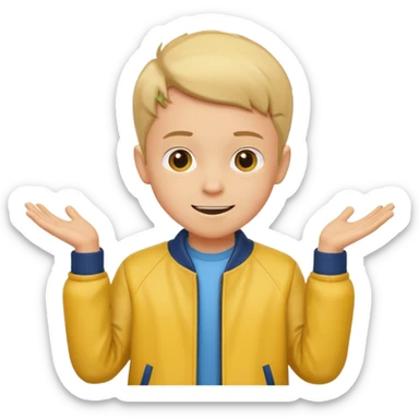boy with good hair cut shrugging his shoulder, wearing yellow jacket and smile sticker
