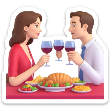 3D emoji style, one man and one woman facing each other holding wine glasses, a table with food in front of them, bright and joyful atmosphere, no background sticker
