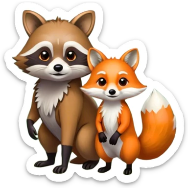 Collage of a raccoon and a fox, in close-up, set in a beautiful forest with tall trees, green bushes, and sunlight filtering through the leaves and flowers. A vibrant, wild atmosphere with a transparent background. sticker