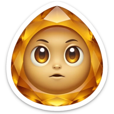 Single gemstone rock character, warm golden citrine, squat and heavy like a rock, with carved facets and tiny surface imperfections, cute round eyes  sticker