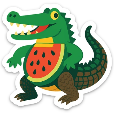 playful crocodile with a sliced watermelon torso, detailed realistic crocodile tail and legs sticker