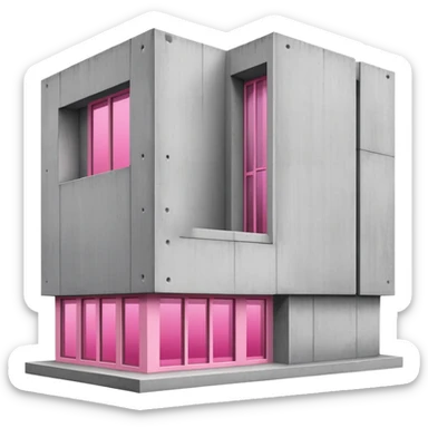 Minimalist brutalist building made of gray concrete with a pink window that stands out sticker
