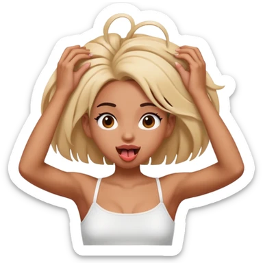 Mixed girl in white spaghetti strap top with tongue out and holding her hair with her hands  sticker