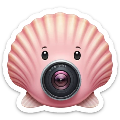 A cute seashell emoji with a tiny camera next to it, symbolizing capturing beach memories. Playful, modern emoji style, soft pastel colors, white background. sticker