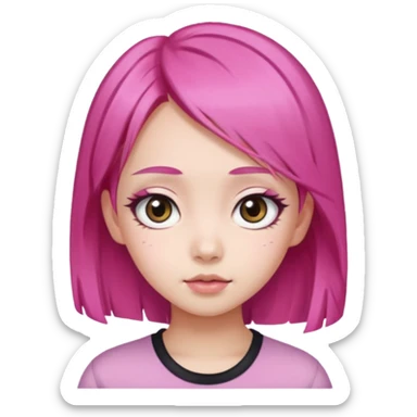 An Asian girl with Fashion pink hair, big eyes, thick eyebrows, and long eyelashes;  sticker
