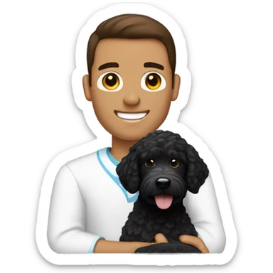 clean-shaven straight-haired brunette man holding black labradoodle sticker