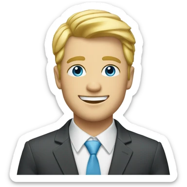 blonde male with short hair, sky blue eyes, big smile and a suit sticker
