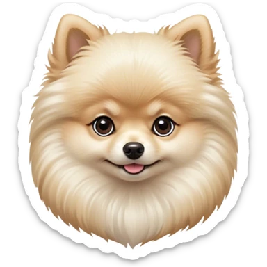Cinematic Cute Cream Pomeranian Portrait Emoji, Head tilted playfully and inquisitively, featuring a luxurious, fluffy cream Fur with a natural sheen, round, sparkling dark eyes filled with curiosity, Simplified yet irresistibly adorable features, highly detailed, glowing with a warm, friendly glow, high shine, affectionate and lively, stylized with a touch of whimsy, bright and endearing, soft glowing outline, capturing the essence of a mischievous yet loving pup, so playful it feels like it could scamper out of the screen and into your arms! sticker