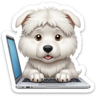 A busy white dog typing on a laptop looking stressed and overwhelmed sticker