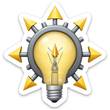 a gray gear with yellow curved raising arrow behind it on the right side, and then a small golden beaming light bulb on the left side sticker