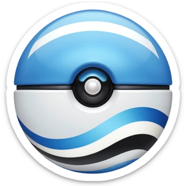 blue pokeball emoji, top half is a more saturated blue, bottom half is white, black stripe, with a white sheen, with a pearlescent finish, with a wave effect sticker
