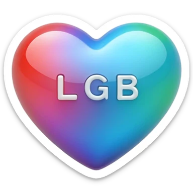 A photograph of a high-quality 3D heart-shaped emoji with a polished, glossy finish.The texture is smooth and candy-like, with a glass-like sheen that gives it a modern, high-end aesthetic. Add text as "LGB" in centre of heart sticker