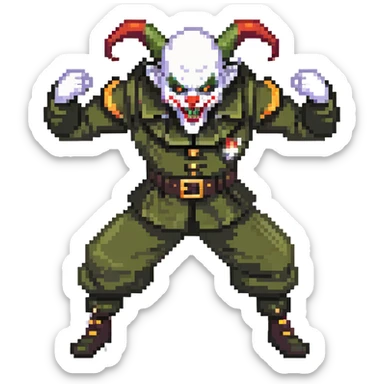 evil clown soldier, bald, short goat horns on forehead, fangs, pointed ears, black and military green clothes, fighting stance sticker