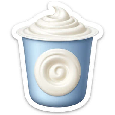 small yogurt cup with smooth rounded shape, open top showing creamy white yogurt inside, glossy slightly domed surface with subtle swirl or soft peak, plain unbranded white or light-colored cup, no spoon, fruit, or extras, soft lighting, subtle shadows, emoji scale sticker