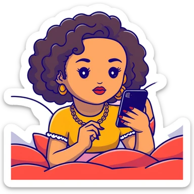Brown-skinned teenage girl with curly black hair lying on bed looking at smartphone, heavy makeup, big lips, crop top, gold jewelry, choni style outfit sticker