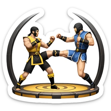 An icon showing two fighters in combat poses, inspired by Mortal Kombat. One character delivers a powerful kick, while the other blocks. The background features an iconic arena from the game with life bars at the top, symbolizing intense battles. Transparent background. sticker