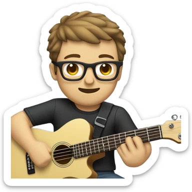 A nerdy white guy with glasses with short brown hair with a small whiff playing a telescaster sticker