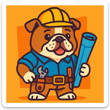 English Bulldog engineer with a tool belt and rolled-up plans, standing confidently, cute style sticker