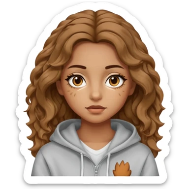girl with wavy hair, almond shaped eyes, birthmark near her eye, tan, with swag sticker