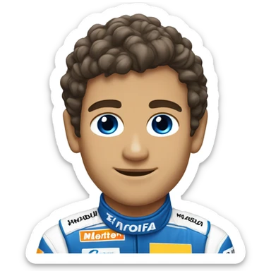 Lando norris with a mullet hair cut, blue eyes and mclaren suit sticker