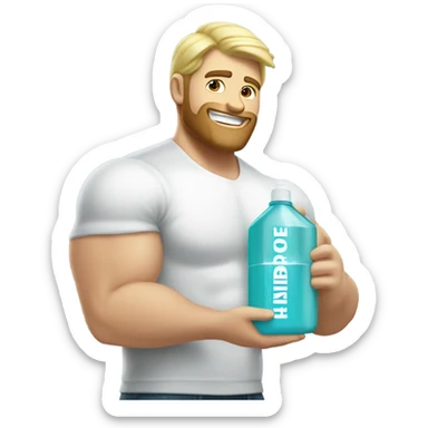 Buff man with blonde short hair and a medium length blonde beard riding on top of a giant bottle of listerine sticker
