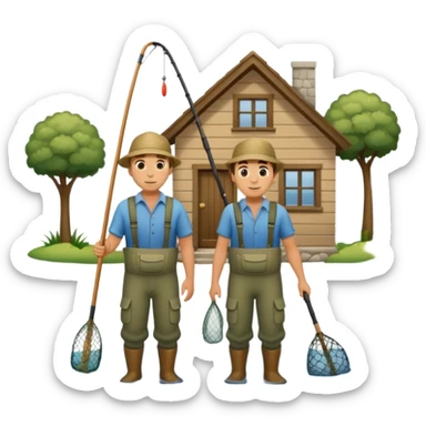 two guys entering on their house with fishing rods sticker