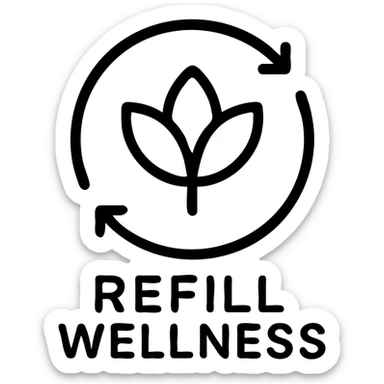 minimal black and white logo for 'Refill Wellness', abstract design with refill arrow and subtle wellness icon, very clean and modern sticker