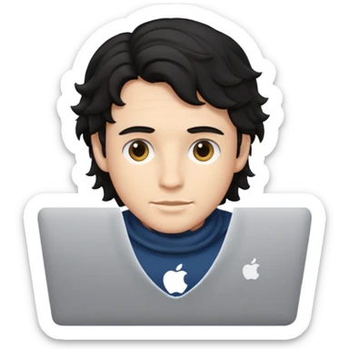 guy with wavy black hair and skin tone a little bit white, with a macbook sticker