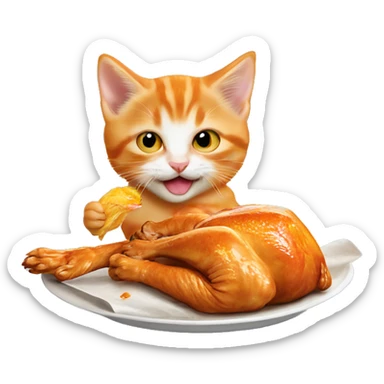 Orange kitten eating rotisserie chicken ￼ sticker