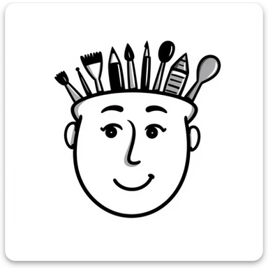 Art tools and brushes forming the shape of a human face, representing artistic identity sticker