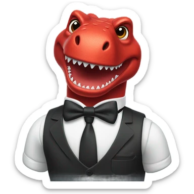A red trex with a water bottle, wearing a black bow tie  sticker