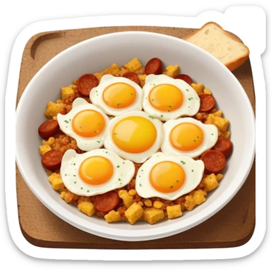 Spanish migas with breadcrumbs, chorizo, and egg in a bowl. sticker