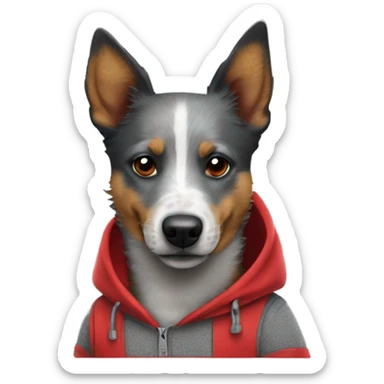 Blue heeler wearing a red hoodie sticker