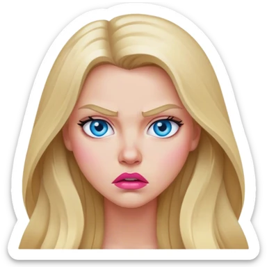 Cinematic realistic beautiful blonde with long hair, blue eyes and pink lips gets angry sticker