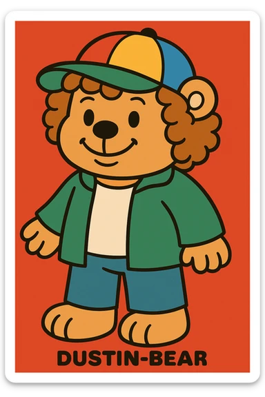 Dustin-bear wearing a white t-shirt, green jacket, colorful cap, curly hair, friendly smile, in Bobbie Goods style. sticker