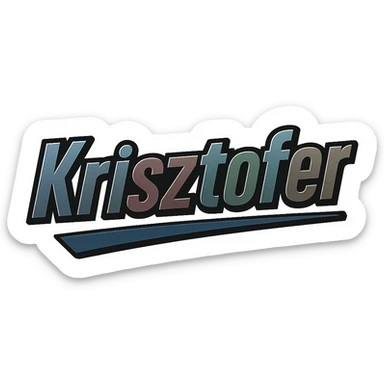 Text image of the name 'Krisztofer' in a masculine, modern, gradient font with accurate Hungarian characters, dark contour, prominent and clearly visible white border as in sample images, dynamic slanted underline, masculine color shades including blue, gray, burgundy, green, and brown, 1000x1000 px, PNG, transparent background. sticker