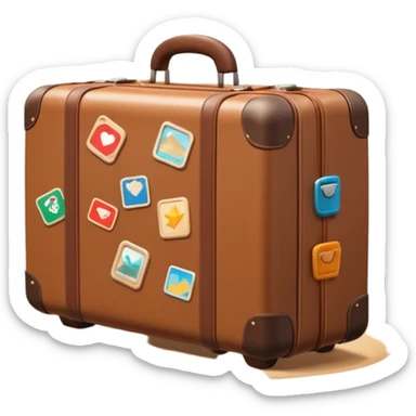 A 3D cartoon suitcase placed on the ground with travel stickers, soft sunlight, warm tone, realistic Memoji-style design. sticker