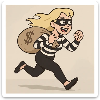 blonde woman in a classic robber outfit, running with loot, flat toon style sticker