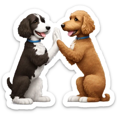 brown goldendoodle dog and black/white dog giving each other a high five sticker