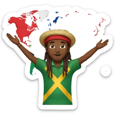 Rasta man with arms wide open 🙌🏾🔥 standing in front of world map 🌍🎶 with every flag 🇯🇲🇺🇸🇬🇧🇫🇷🇮🇳🇧🇷🇳🇬 saying ONE LOVE 💛💚❤️ to di world 🌐🦁 sticker