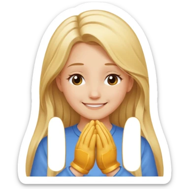 Girl with long blonde hair smiling with chin resting on flat hands facing down sticker