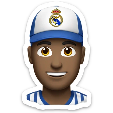 Chico de piel blanca con una gorra azul con, una camisa de futbol del equipo de futbol Real Madrid y Con unos pantalones oscuros sticker