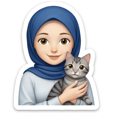 White girl wearing dark blue hijab with white shirt smiling while holding a black grey tabby cat sticker