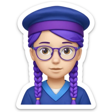 blue uniform wearing scout kid with purple braids and glassess with blue hat sticker