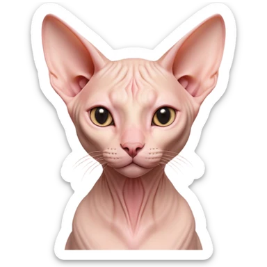 Cinematic Noble Sphynx Cat Portrait Emoji, Poised and regal, with smooth, hairless skin in warm peach and soft pink tones, striking large ears and intense almond-shaped eyes, Simplified yet sharp and sophisticated features, highly detailed, glowing with a soft, dignified glow, high shine, intelligent and graceful, stylized with an air of elegance, focused and attentive, soft glowing outline, capturing the essence of a watchful and refined feline, so majestic it feels as though it could glide across the screen with effortless confidence! sticker