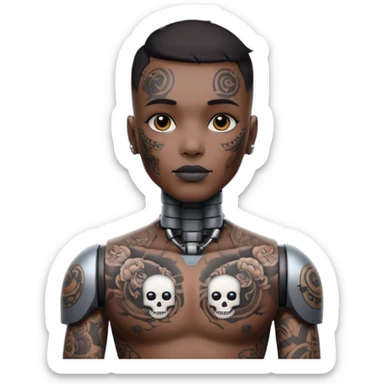 black Tatooed robot, big many tatooes on chest, neck and face, white tatoo on face sticker