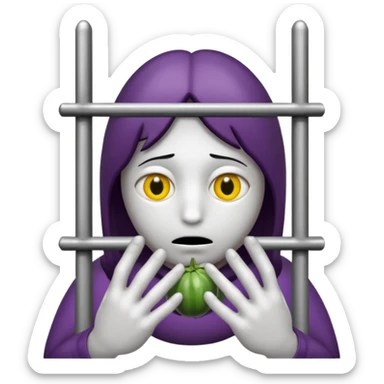 Smutna buźka z bakłażanami w miejscach oczu. Buźka jest za więziennymi kratami trzymając się ich rękami sticker