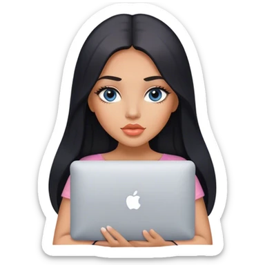 Glamours, tanned, very beautiful girl, with big pump peach lips, black straight smooth silky long hair, straight parting, blue-grey eyes, holding MacBook sticker