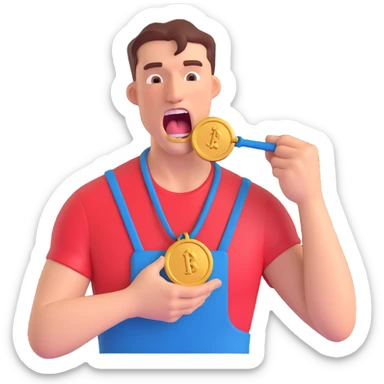 a man struggling to bite an iron medal, exaggerated effort sticker