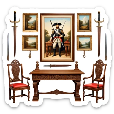 Icon for Antiques Collecting: vintage intricately carved furniture, famous paintings, antique swords, and rifles. The items are displayed on a wooden table or shelf. The icon should evoke the rich history and craftsmanship of antique collecting. Transparent background. sticker